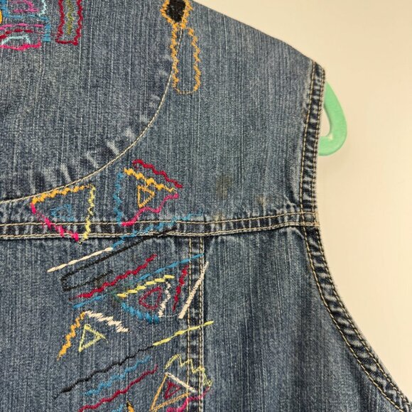 Chicos Womens Denim Vest Art to wear Button Front Boho 2 Large Blue Embroidered - Picture 14 of 15